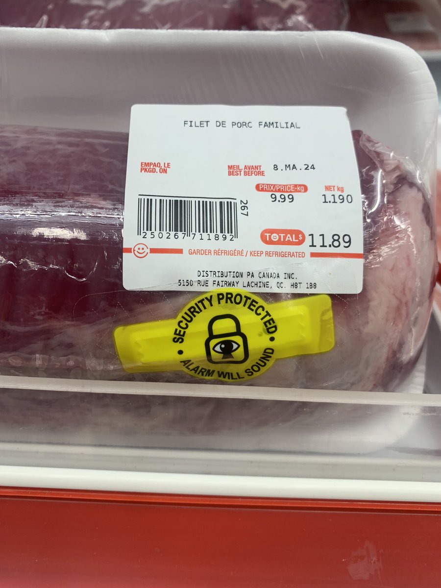 Times are tough! People are shoplifting meat. They’ve introduced security tags on more expensive cuts in my local supermarché in #Montreal.