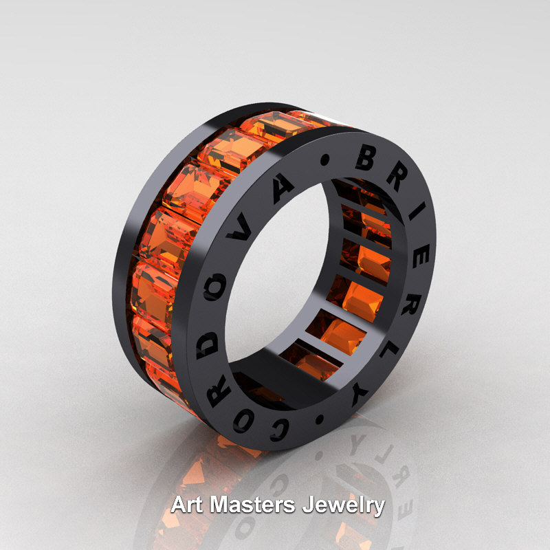 Exclusive 💍 Mens Modern 14K Black Gold Orange Sapphire Channel Cluster Infinity Wedding Band R174-14KBGOS at artmastersjewelry.com/product/mens-m…