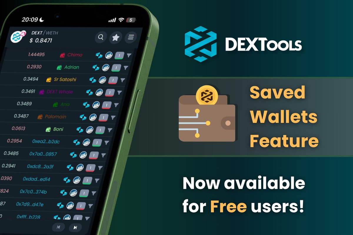 DEXToolsApp's tweet photo. 💬 How many features do you usually use on @DEXToolsApp ❓🤔

🧵 Let’s take a look at some of them!

1. Save Smart Money Wallets!

You can now save wallets for free! 
To use this feature follow these easy steps: 
-Connect your wallet.
-Go to Makers tab in the trade history. 
-Click the Wallet icon and save it (choosing name and color)