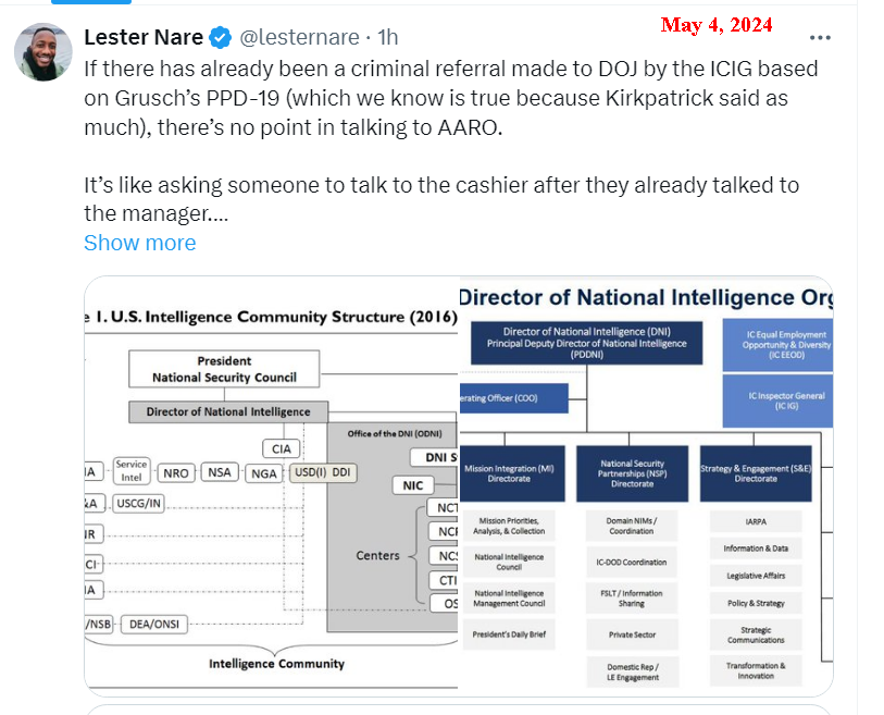 Fantasy. Sean Kirkpatrick did NOT suggest that there has been 'a criminal referral made to the DOJ by the ICIG...' Kirkpatrick explained his passing reference to the DOJ. I have seen no real evidence of 'a criminal referral' to the DOJ, and it seems improbable. @lesternare