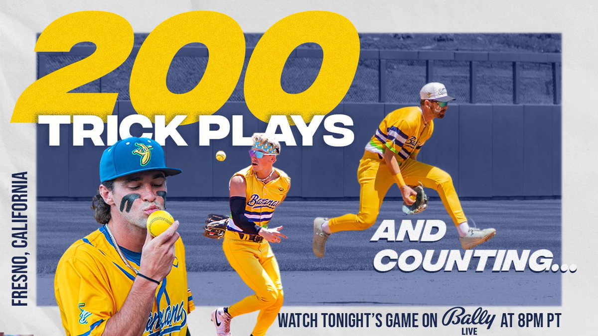 During last night's game in Fresno, the Bananas completed their 200th trick play of the 2024 season! Tune in tonight to see us get tricky. Watch tonight's game on Bally Live or Stadium at 8 PM PT/ 11 PM EST! >How to watch: Download the Bally Live! or Stadium app. Stream online…