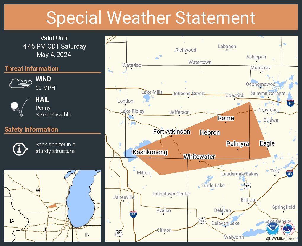 A special weather statement has been issued for Whitewater WI, Fort Atkinson WI and Eagle WI until 4:45 PM CDT