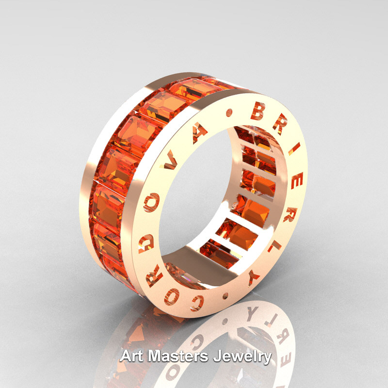 Exclusive 💍 Mens Modern 14K Rose Gold Orange Sapphire Channel Cluster Infinity Wedding Band R174-14KRGOS at artmastersjewelry.com/product/mens-m…