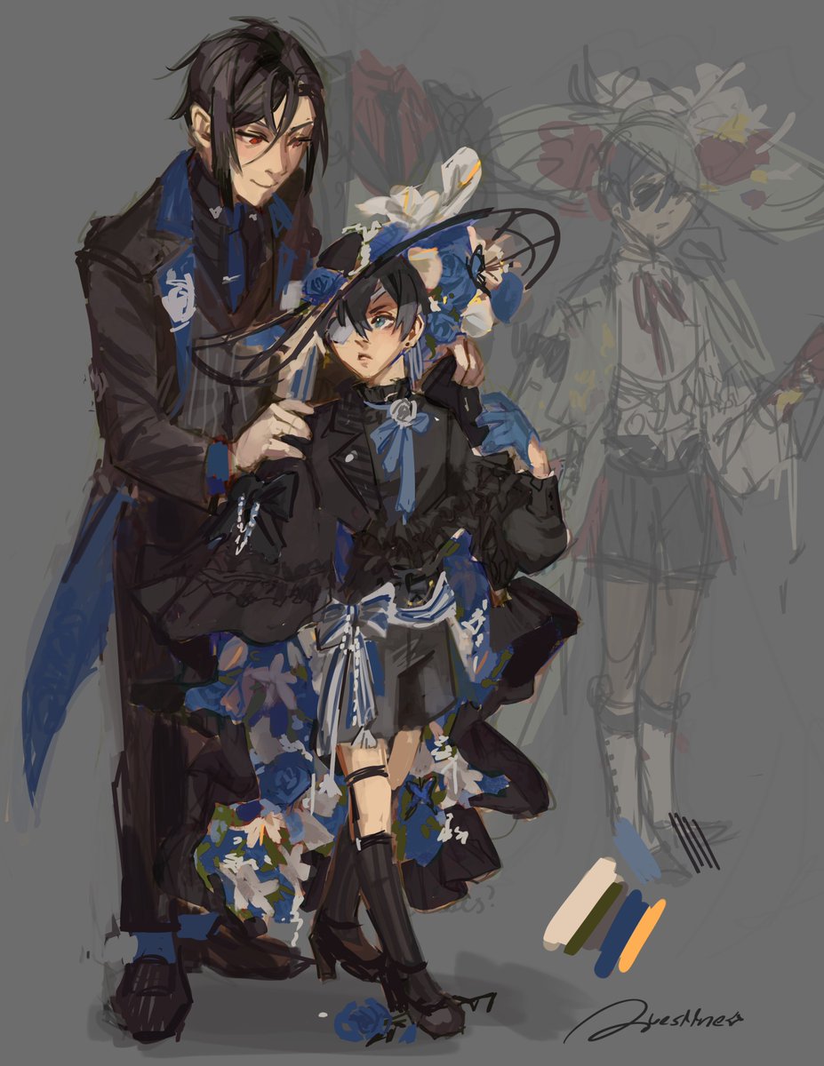 So I wanted to design Met Gala outfits for both of them. I did the green one first and decided I hated it then did the blue but now I actually like both...I cant decide now... #cielphantomhive #sebastianmichaelis