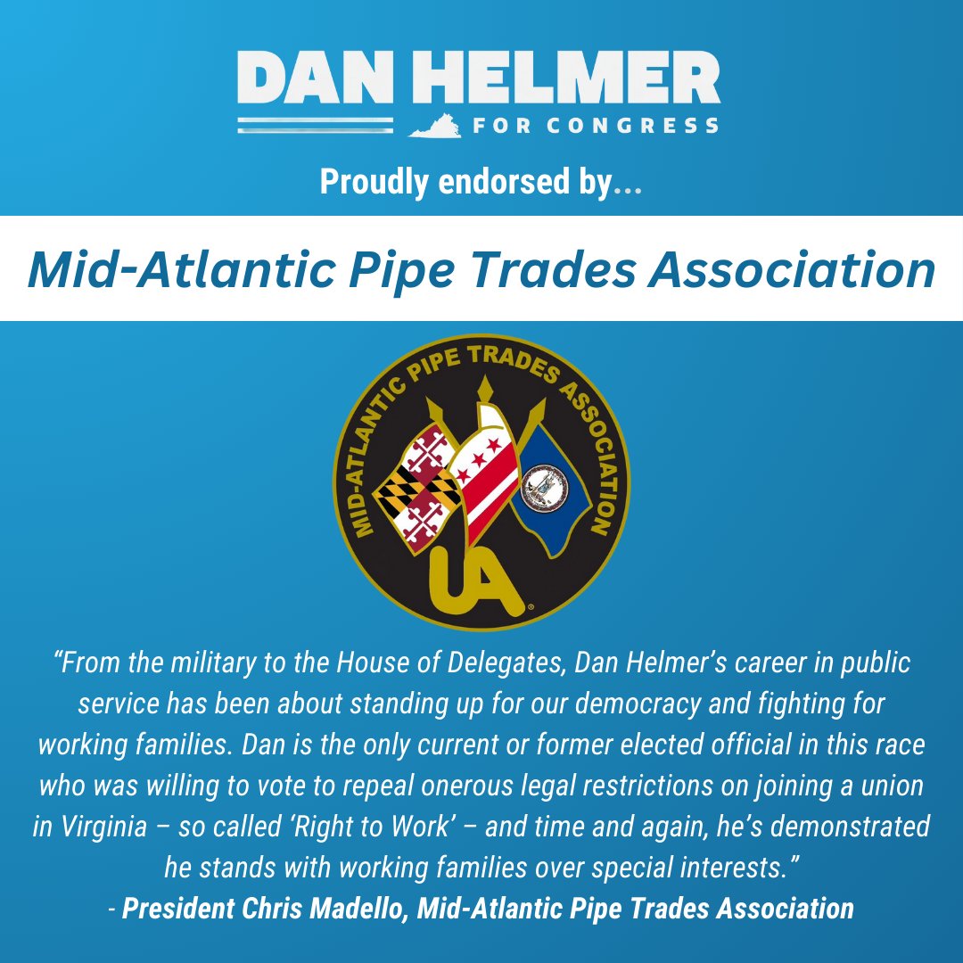 Humbled to have the endorsement of the Mid-Atlantic Pipe Trades Association for our campaign in #VA10. Their plumbers, steamfitter, welders, and HVAC techs are essential to the 21st century American economy. I know they have my back, and I'll always have theirs!
