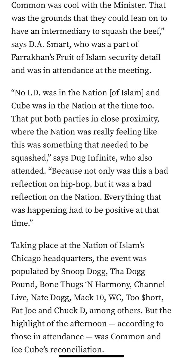 Been revisiting Common & Ice Cube’s battle…

No ID didn’t want to be involved so Pete Rock offered to produce “The Bitch In Yoo.” Farrakhan eventually got involved and they squashed it in Chicago with some of the genres biggest stars in attendance.