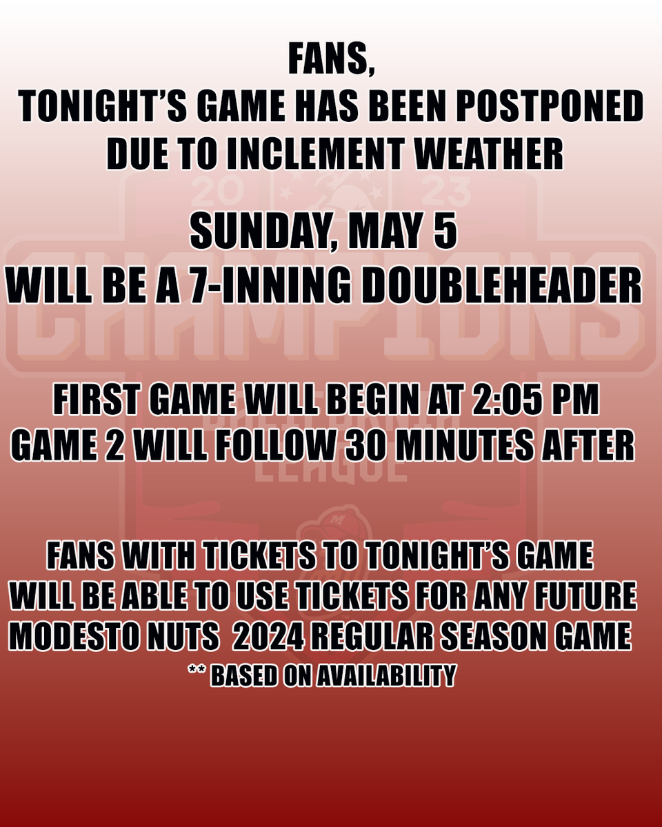 Fans, due to inclement weather, tonight's game has been postponed. Tomorrow we will have a 7-inning doubleheader with game one beginning at 2:05 PM.