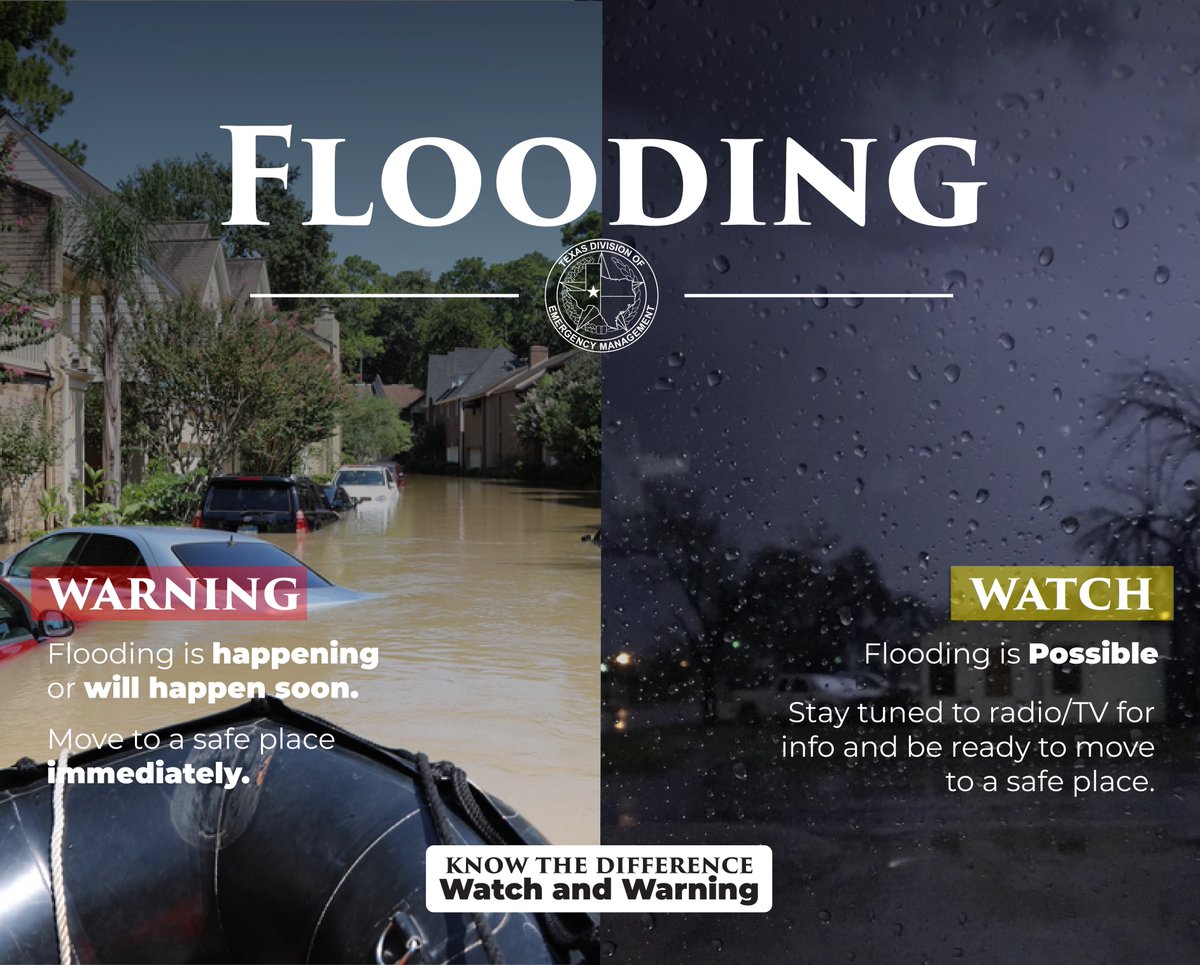 🌧️Know the Difference: Flood Watch vs. Flood Warning 👀Watch: Conditions are favorable for flooding. Stay alert & be ready to take action. 🚨Warning: Flooding is happening or will happen soon. Take action & follow local emergency instructions. More: shorturl.at/oprx2