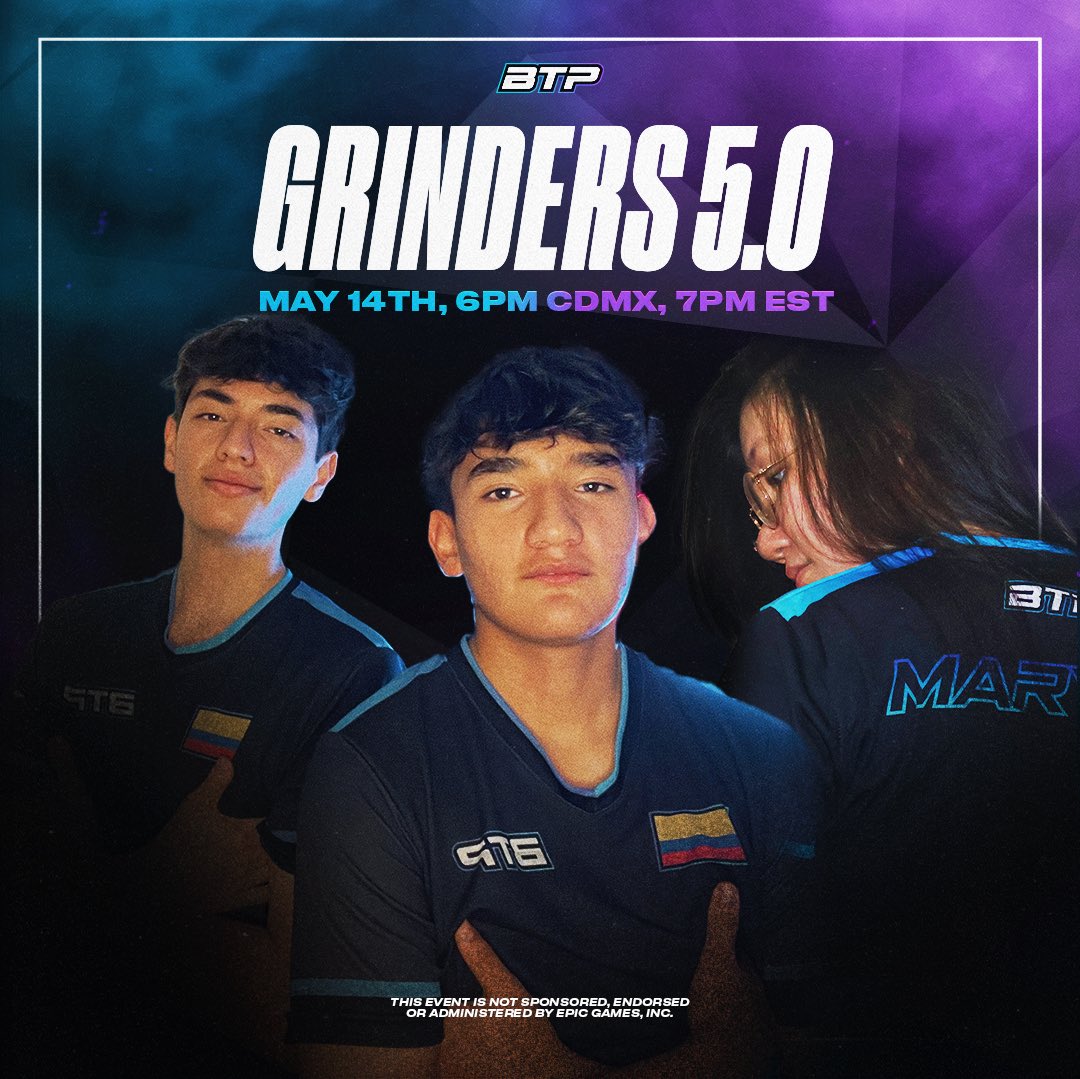 Grinders Tournament! 🏆💙 🗓️| Tuesday - May 14 ~ 6:00 PM CDMX | 7:00 EST To complete: ✅| Follow @maryyy_fn - @AncheGameplayer - @borntoplaygg ✅| Like & RT! ✅| Comment your ID! ✅| Join our discord, verify yourself with Yunite and request a role in #Grinders 🔗: