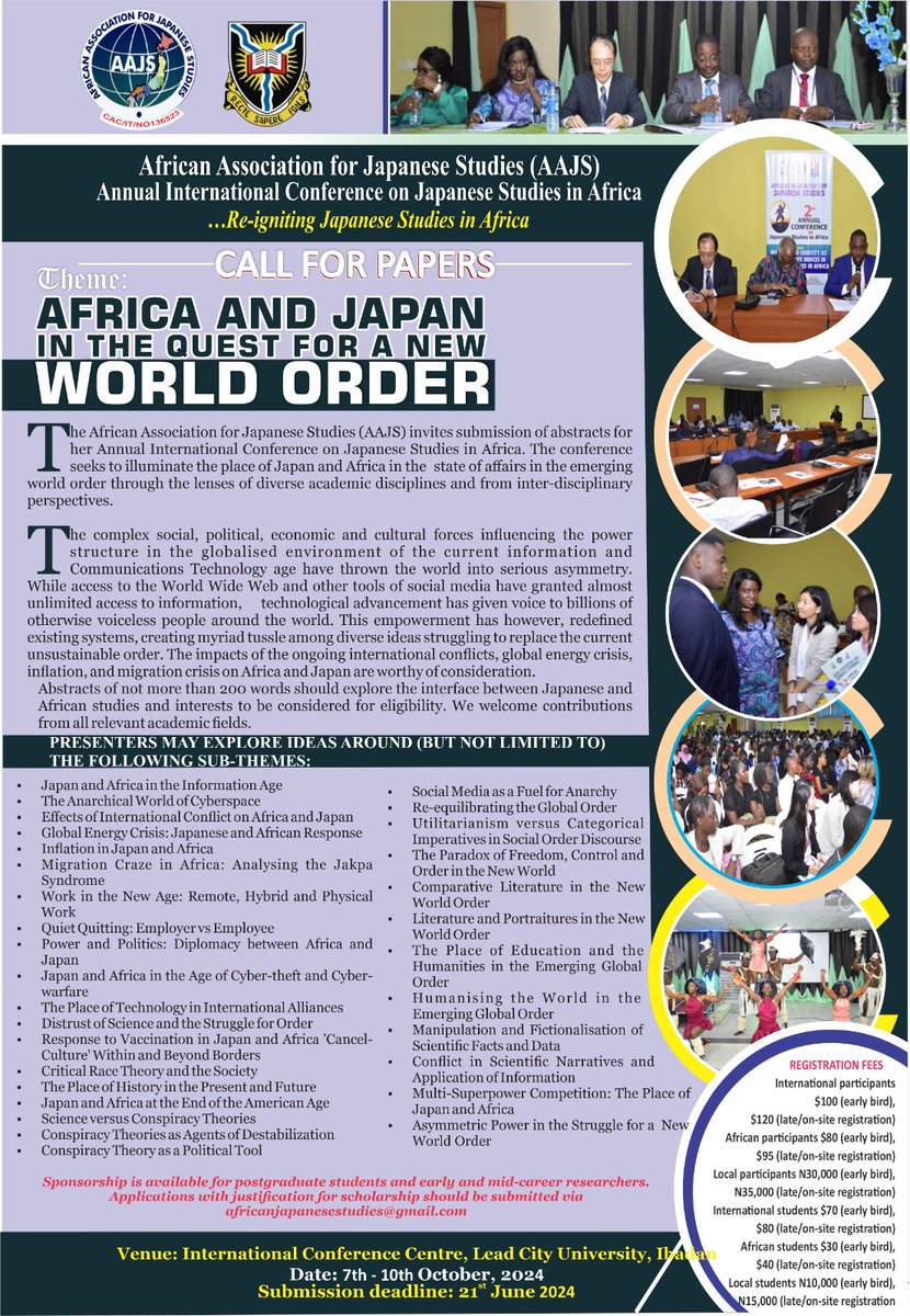 The AAJS is still accepting abstracts for its upcoming conference at the Lead City University, Ibadan. Make preparations to attend and participate in the conference in October, 2024. We'll be eagerly expecting you.