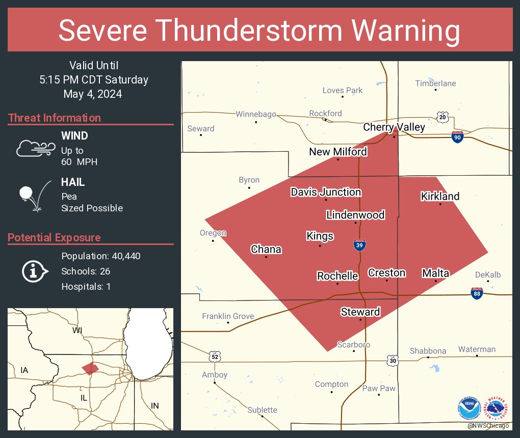 Severe Thunderstorm Warning including Rochelle IL, Cherry Valley IL and Davis Junction IL until 5:15 PM CDT