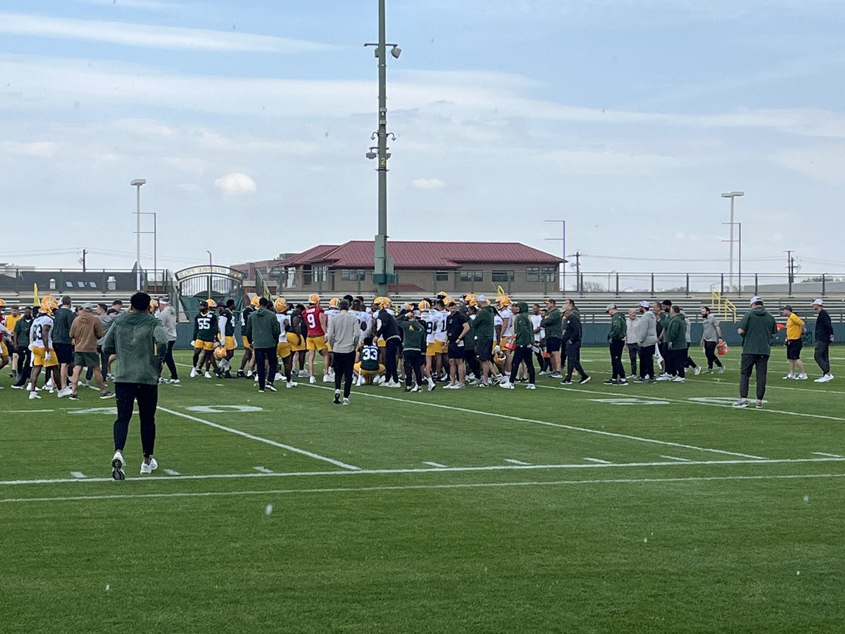 Rookie minicamp comes to a close in a rain shower. Packers have a full roster so they would have to make some moves if they want to add any of the 18 tryout guys.