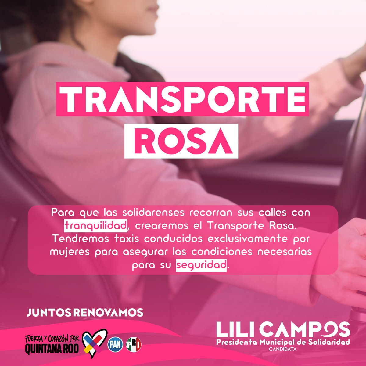 El programa Transporte Rosa ofrecerá transporte seguro y confiable para las solidarenses. ¡En la renovación de #Solidaridad tu seguridad es prioridad! 🚕💗 #JuntosRenovamos