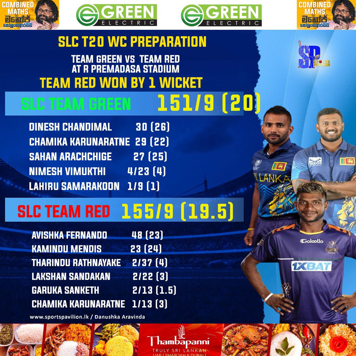 Team Red won by 1 Wicket 

#sportspavilionlk #TeamRed #teamgreen #danushkaaravinda