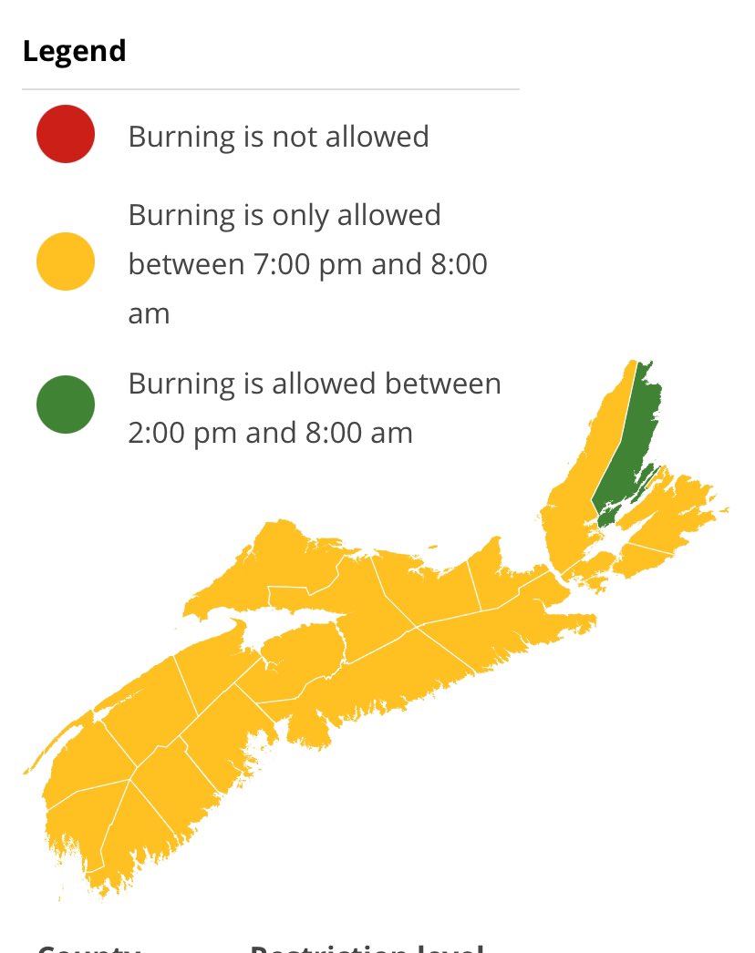 Burning is permitted after 2pm in counties marked in green. Burning is permitted after 7pm in counties marked in yellow. Check before you burn and know your municipal bylaws. novascotia.ca/burnsafe/