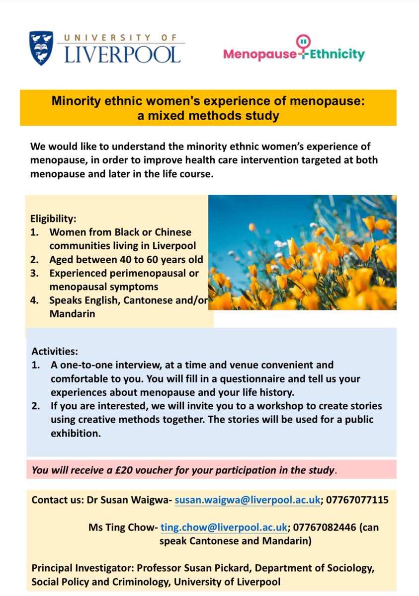 Call for participants - Women from Black or Chinese communities living in #Liverpool aged over 40, and think you have experienced #perimenopause menopause? @LivUniSoc would like to hear about your experiences.