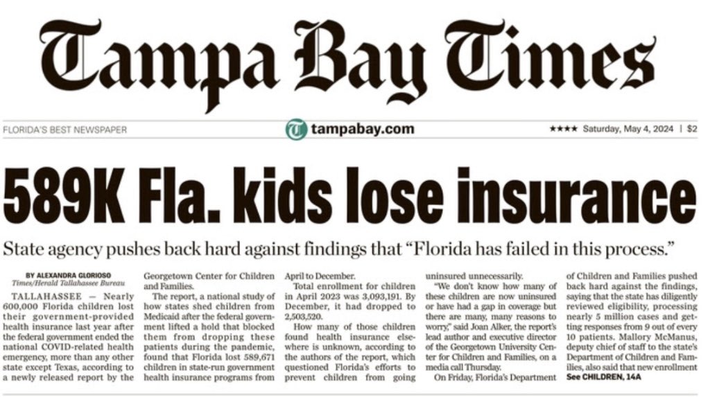 TODAY in the TAMPA BAY TIMES >> “598,000 Florida Kids Lose Insurance” because of Florida Republican inaction. “Florida has failed in this process.”