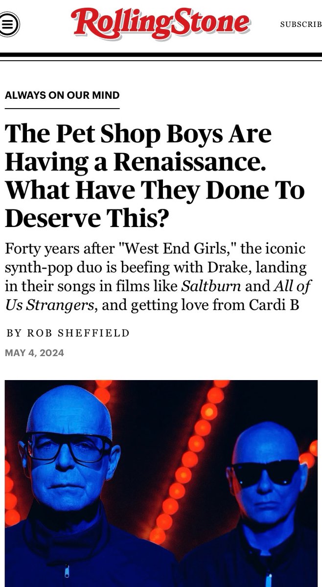 A thrill to talk to my heroes the Pet Shop Boys, riding high with their great new album 40 years after “West End Girls.” They talked artistic longevity, beefing with Drake, Oscar Wilde, Cardi B, and why albums shouldn’t go on longer than 45 minutes. rollingstone.com/music/music-fe…