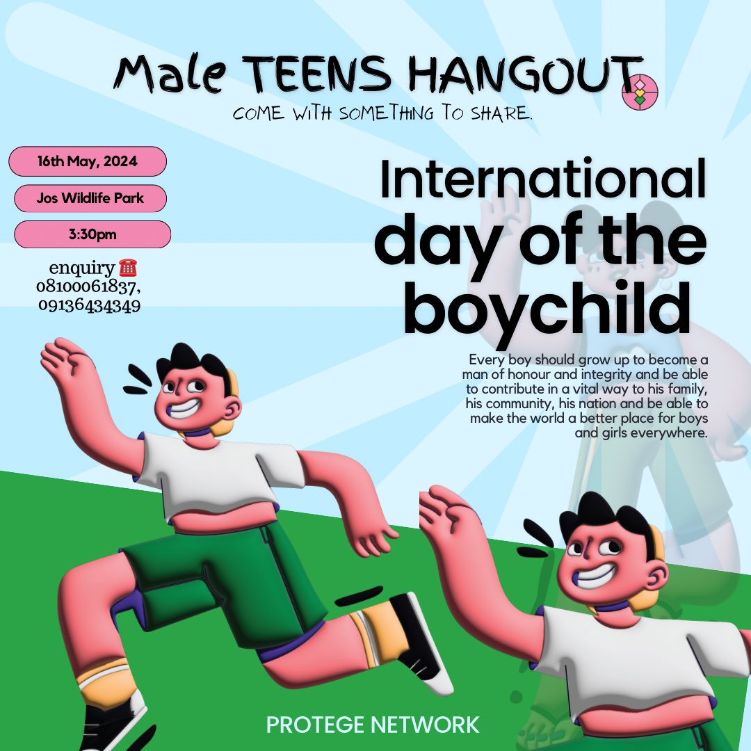 #ProtegeNetwork is planning a teens hangout for the boys. 🗓️ 16th May 2024 ⏰ 3:30pm 📍Jos Wildlife Park “EVERY BOY CHILD SHOULD GROW UP TO BECOME A MAN OF HONOR & INTEGRITY AND BE ABLE TO CONTRIBUTE TO HIS FAMILY, COMMUNITY AND NATION”. Register your teen ☎️ 08100061837