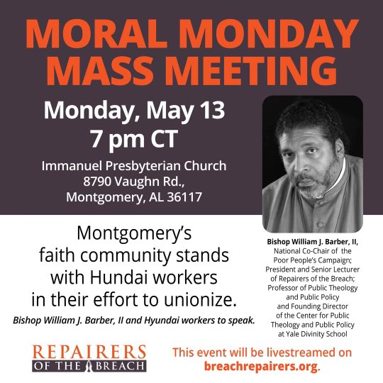 On Monday, May 13, I’m joining faith leaders in Montgomery, AL, to stand with workers who want to unionize at the Hyundai plant there. Workers do better with a union, & when workers do better, we all do better.