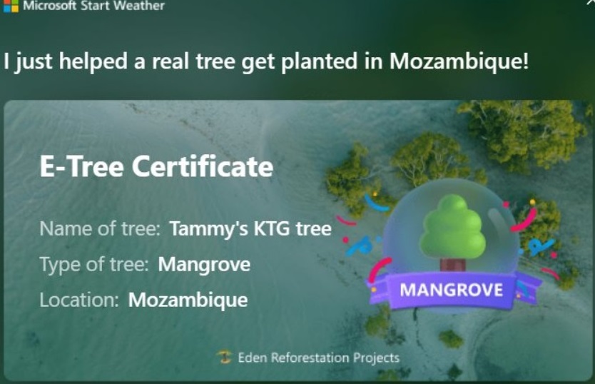 Just planted my tenth tree! 

Dedicated to the #KissTheGround movie & movement, #CommonGround movie & movement, #regenerativeagriculture, #bluecarbon & #carbonsequestration. 

MSN Weather E-tree msn.com/en-us/weather?… #tree 
@kissthegroundCA @commongrounddoc @iansomerhalder