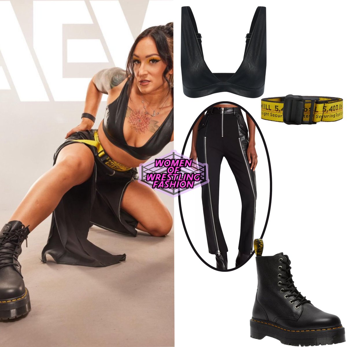 For #AEWDynamite / #AEWRampage, Kris wore the Faux Leather Bra Top from Naked Wardrobe ($64), Classic Industrial Belt from Off-White (sold out), Carson High Waist Faux Leather Pants from Steve Madden (sold out) & Jadon Pisa Leather Platform Boot from Dr. Martens ($210)