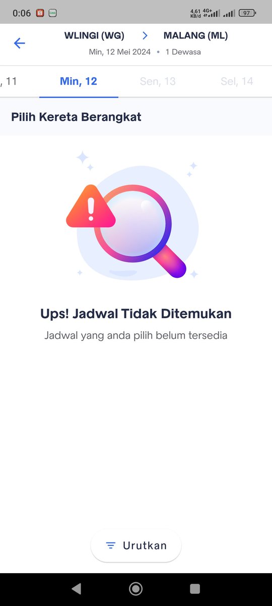 Min <a href="/CommuterLine/">KAI Commuter</a> <a href="/KAI121/">Kereta Api Indonesia</a> tgl 12 dari Wlingi ke Surabaya kok tidak muncul jadwalnya ya?
Tetus coba Malang-Sby malah sudah habis. Tapi Wlingi - Malang juga tidak muncul jadwalnya