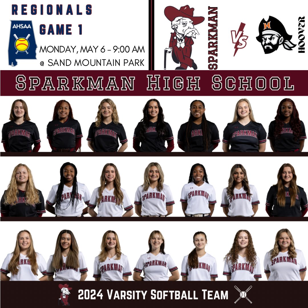 Our Varsity Softball Team is heading to Regionals on Monday. Come join them and cheer them on as they fight for a trip to State. First game will be against the Hoover Buccaneers at 9:00 am at Sand Mountain Park. #wearesparkman #postseason #roadtothebluemap @ALHSSports1