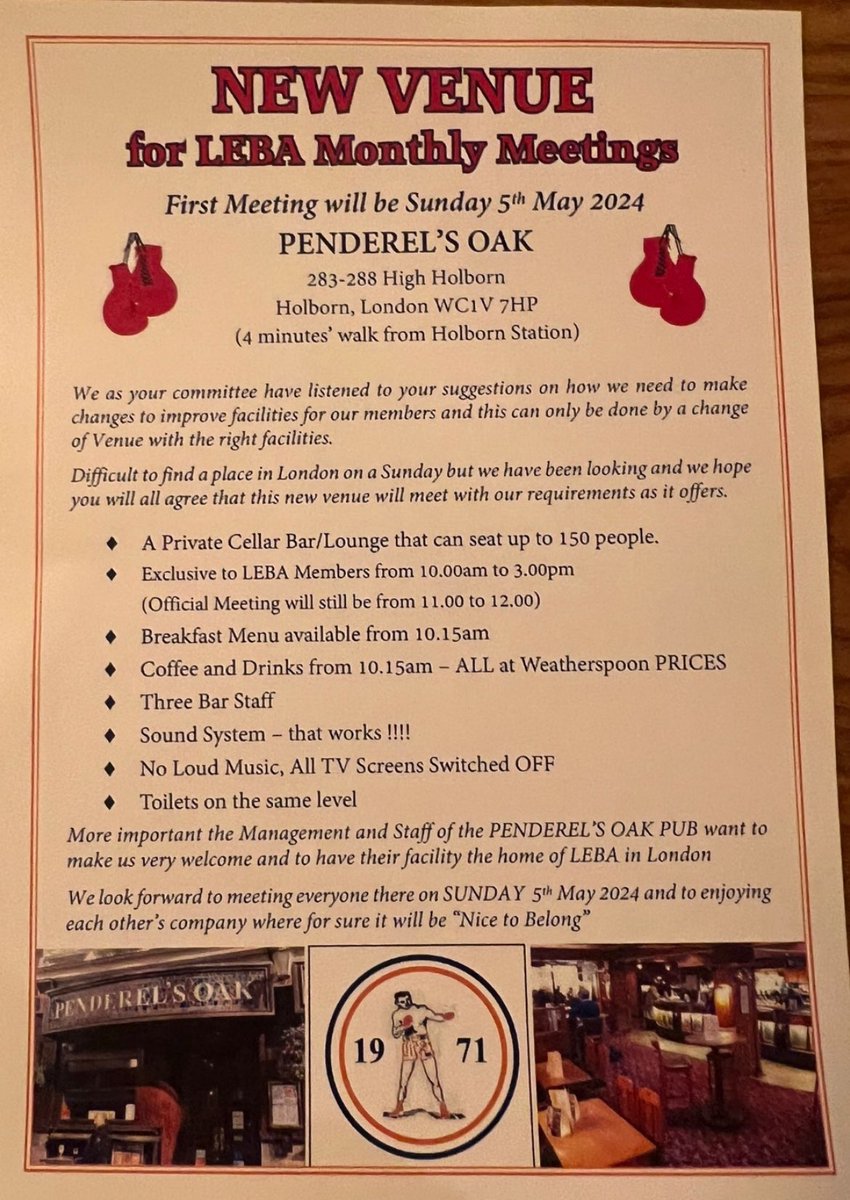 LEBA Has A New Home 
It’s a few mins walk from Holborn or Chancery Lane tube station. 
Bus=8 59 17 133 46 N8
To go to The London Ex Boxers you don’t have to of been a boxer, Fans of Boxing please come along. 
It’s on The 1st Sunday Each Month could everyone please retweet.