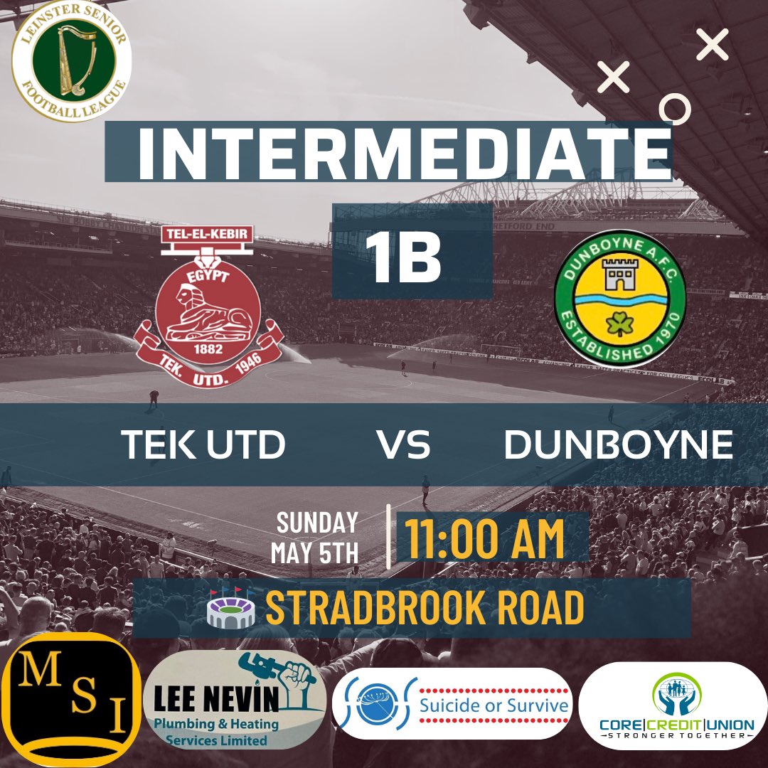 TEK Utd FC (@tekutdfc) on Twitter photo Our Senior Sunday side take on <a href="/DunboyneAFC/">Dunboyne AFC</a> in stradbrook on Sunday morning for an 11 o clock kick off ⚽️
Big thank you too all our sponsors 🙌🏻
All support is very welcomed 🔴⚪️
<a href="/Core_Cu/">Core Credit Union</a>
<a href="/SuicideorSurviv/">Suicide or Survive</a>
<a href="/jack_kacy/">keith mahon</a>
<a href="/LSLLeague/">Leinster Senior League</a>
<a href="/AlQuinn2015/">LSL Live Update’s</a> Our Senior Sunday side take on <a href="/DunboyneAFC/">Dunboyne AFC</a> in stradbrook on Sunday morning for an 11 o clock kick off ⚽️
Big thank you too all our sponsors 🙌🏻
All support is very welcomed 🔴⚪️
<a href="/Core_Cu/">Core Credit Union</a>
<a href="/SuicideorSurviv/">Suicide or Survive</a>
<a href="/jack_kacy/">keith mahon</a>
<a href="/LSLLeague/">Leinster Senior League</a>
<a href="/AlQuinn2015/">LSL Live Update’s</a>