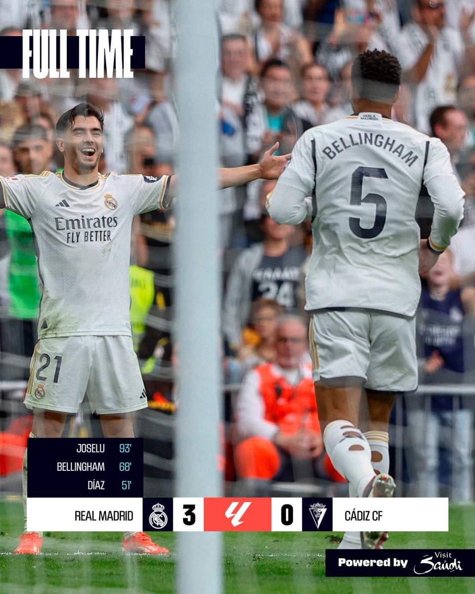 FT: #RealMadridCádiz 3-0

Brahim, Bellingham and Joselu score for Real Madrid C.F.. That win could secure them the LALIGA title if results go their way 🤍👀

#LALIGAEASPORTS | #ResultsByVisitSaudi
#RealMadridCadiz