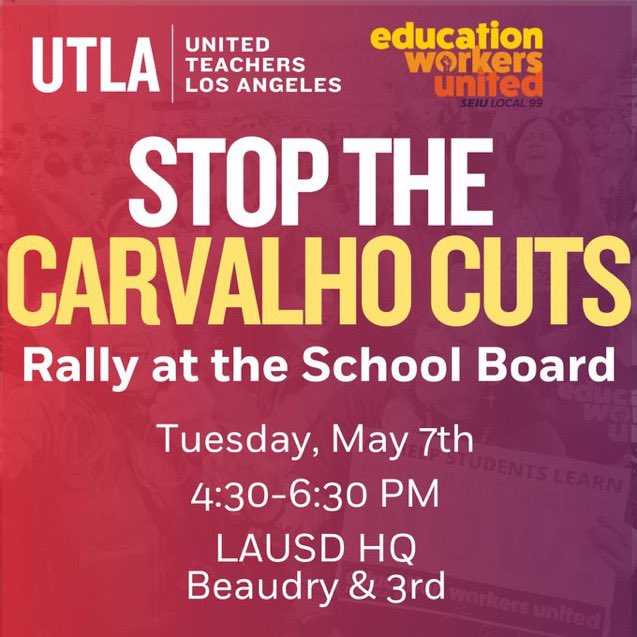 Join us for an action as we call on the District to INVEST in REAL community-based safety!! AND in solidarity with @UTLAnow & @SEIULocal99 fighting against staffing cuts! No CUTS to services that support students. FULLY fund our Schools and Defund LA School Police! 🗣️📢