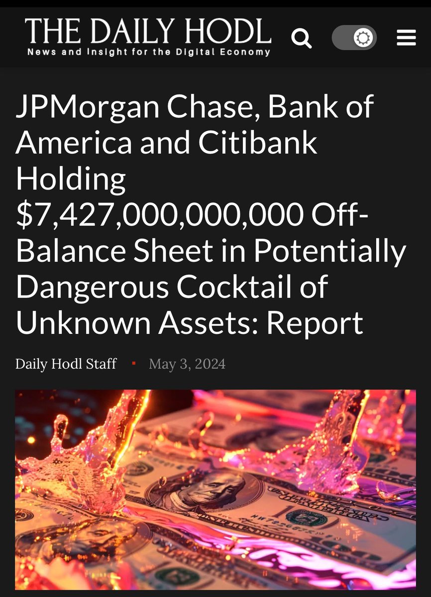 This story about big banks big off balance sheets is still getting a lot of attention and it should concern everyone. JPMorgan Chase- $3.227 Trillion off balance sheet ( $3.875 trillion on its balance sheet) Bank of America - $1.6 trillion off-balance sheet Citigroup’s…