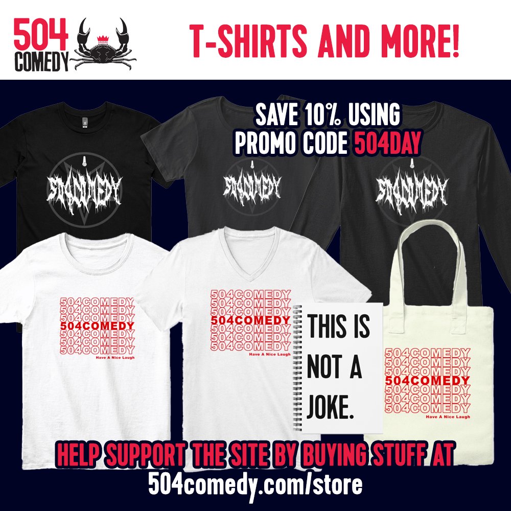 🎉 Celebrate 504 Day with 10% off all merch! From tees to tote bags and our new 'This is Not a Joke' Notebook, support 504Comedy and keep NOLA laughing! Don't miss out - limited time only! 🛍️💫 #504Day #SupportLocalComedy #504Comedy