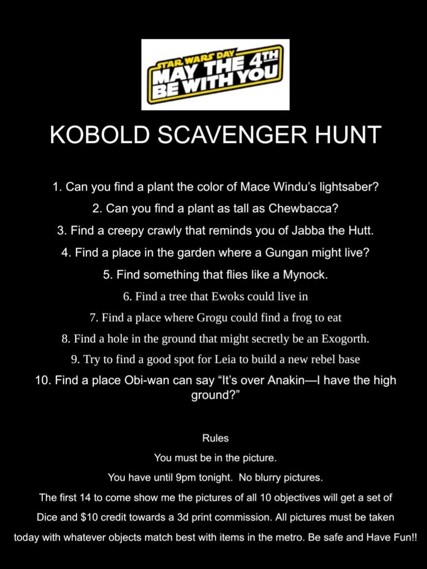 There's a scavenger hunt happening at the Kobold Lounge in OKC! Can you get all these pictures before 9PM tonight? May the 4th be with you!

#OKCgaming