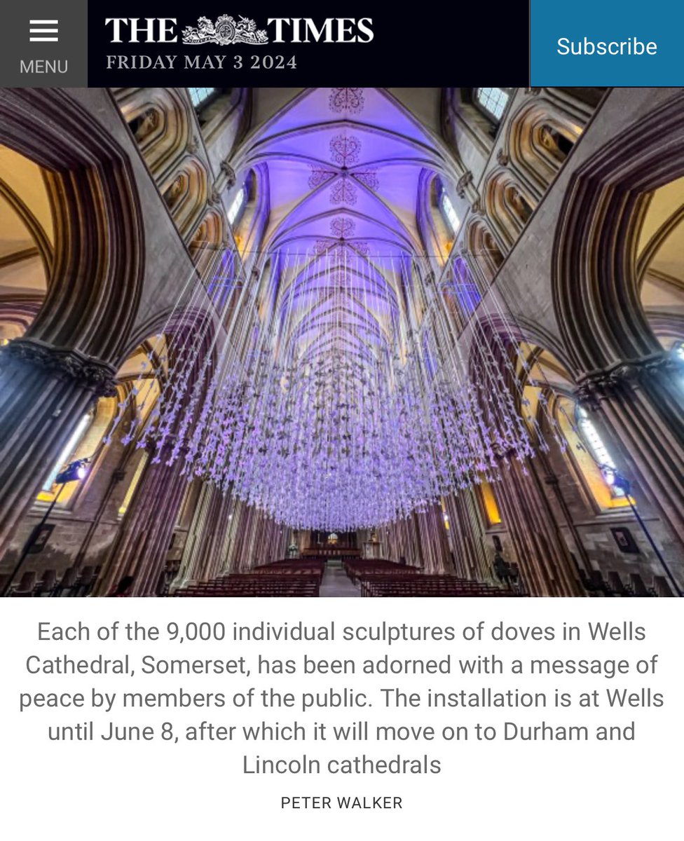 Great to see #pescedoves @WellsCathedral1 feature in @thetimes pictures of the day today The #suspended #artwork is in the #cathedral until the 8th June
