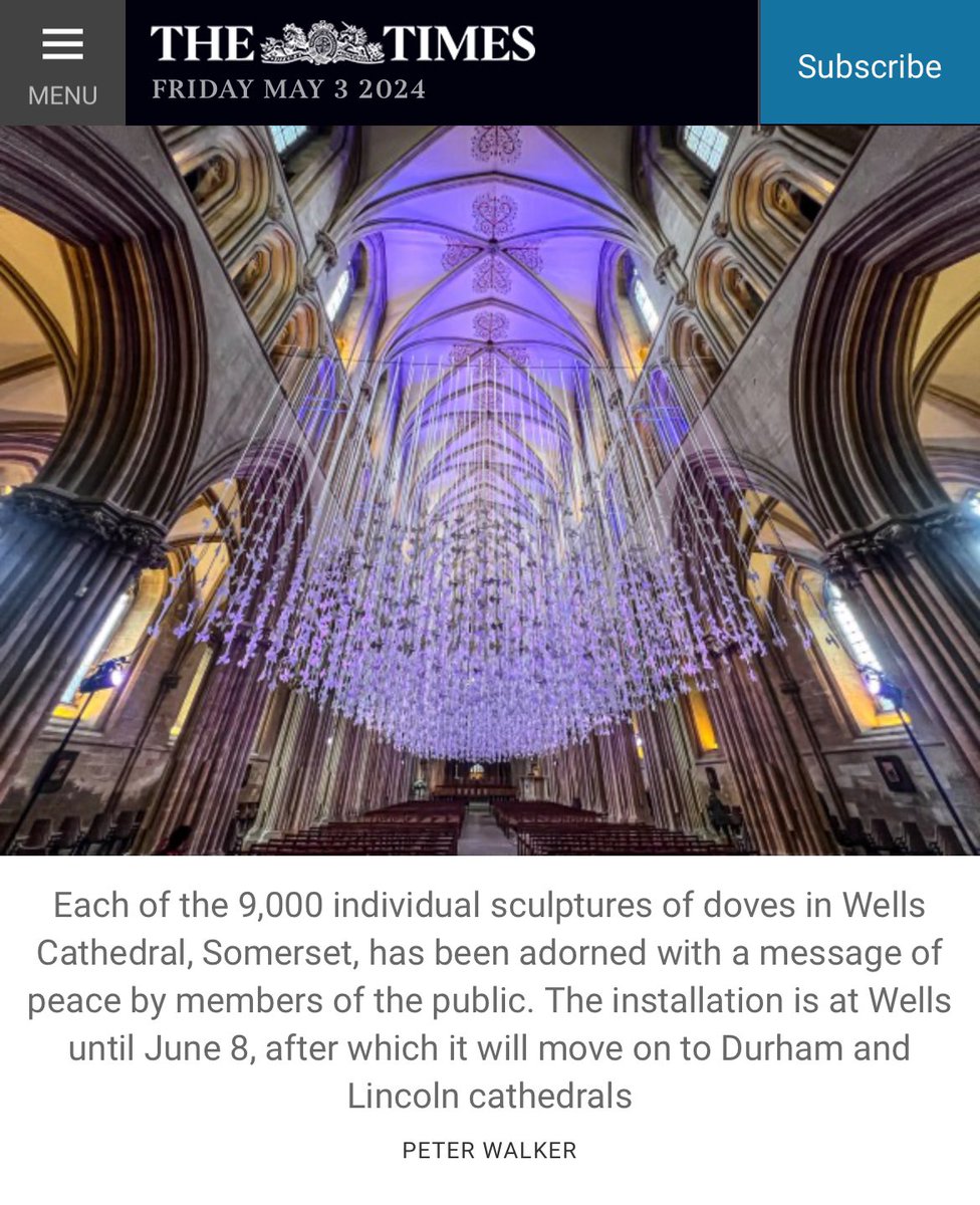 Peter Walker (@pwalkersculptor) on Twitter photo Great to see #pescedoves <a href="/WellsCathedral1/">Wells Cathedral</a> feature in <a href="/thetimes/">The Times and The Sunday Times</a> pictures of the day today
The #suspended #artwork is in the #cathedral until the 8th June Great to see #pescedoves <a href="/WellsCathedral1/">Wells Cathedral</a> feature in <a href="/thetimes/">The Times and The Sunday Times</a> pictures of the day today
The #suspended #artwork is in the #cathedral until the 8th June