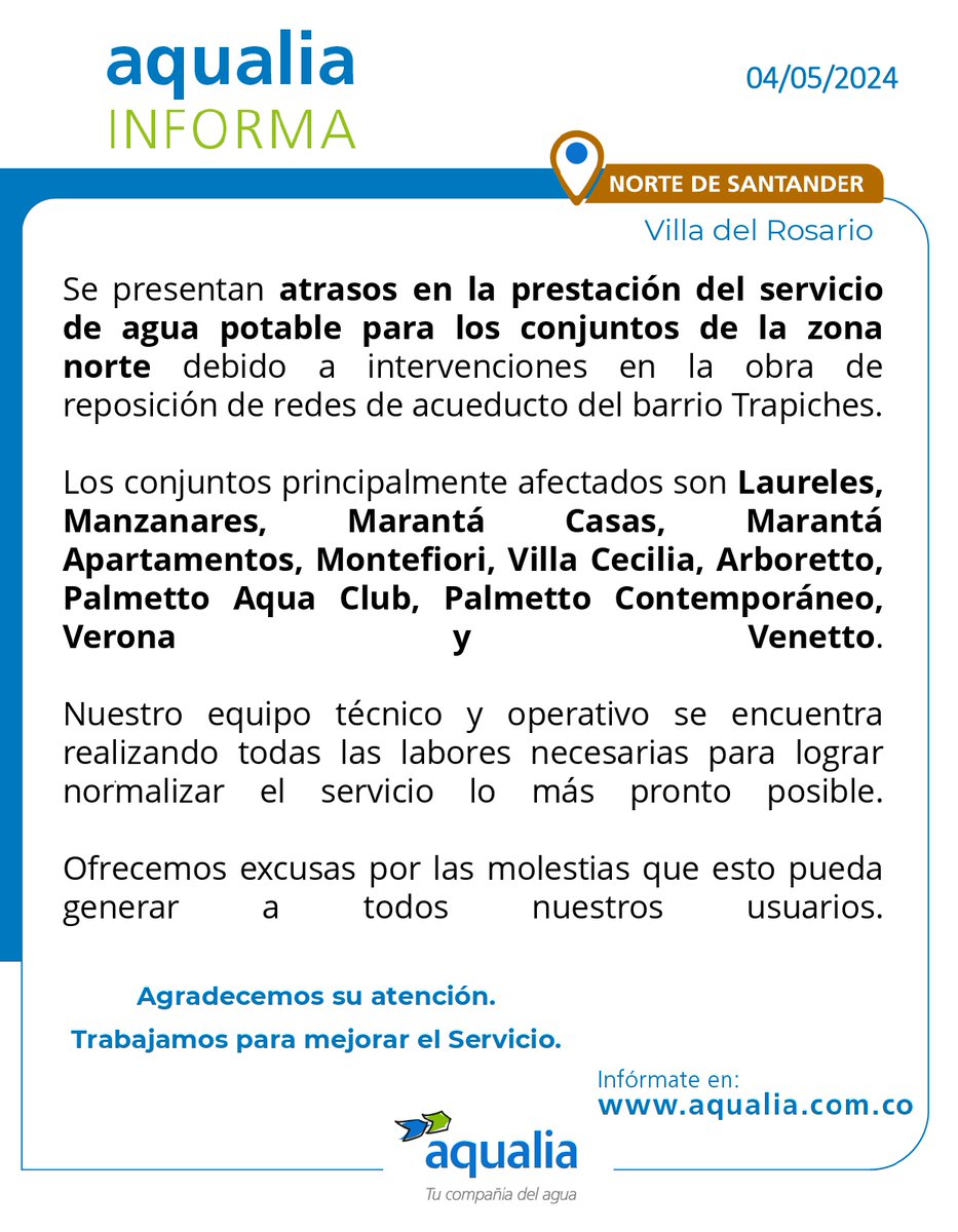 #AqualiaCol_Informa 🇨🇴 | 4 de mayo #NortedeSantander 📣 Infórmate aquí con nuestro último aviso para #VilladelRosario.

#AqualiaColombia