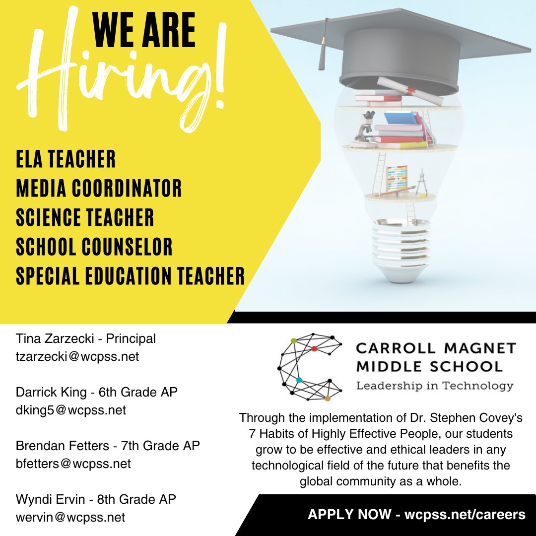 Carroll LT Magnet (@cmmscougars) on Twitter photo Are you or someone you know interested in potentially joining our amazing Carroll Magnet Middle School team for the 2024-25 school year? Located in North Hills - midtown Raleigh, we are part of <a href="/WCPSS/">Wake County Public School System</a>.
#ThePlaceToBe Are you or someone you know interested in potentially joining our amazing Carroll Magnet Middle School team for the 2024-25 school year? Located in North Hills - midtown Raleigh, we are part of <a href="/WCPSS/">Wake County Public School System</a>.
#ThePlaceToBe