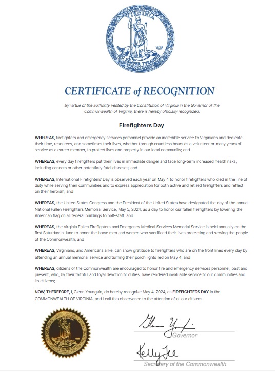 On #InternationalFirefightersDay, Governor Youngkin has proclaimed today as Firefighters Day in the commonwealth.

To every firefighter in VA, thank you for your outstanding dedication and the sacrifices that you make daily to protect others.

MORE: bit.ly/3wcJnKO