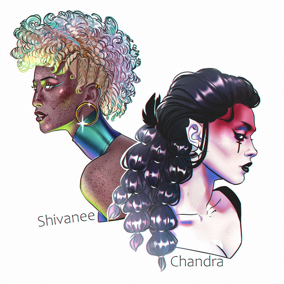 — oc: chandra and shivanee background characters from my project priestess of love Chandra and barmaid in 'пурпати' [reads like a 'poor party'] Shivanee. you've already seen Chandra, she's on the H8's tattoo.