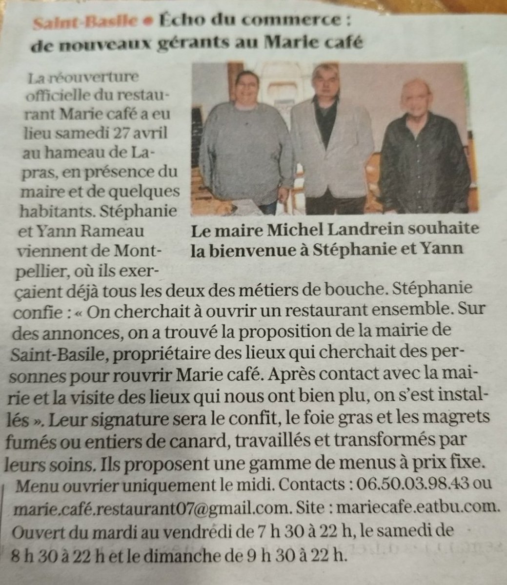 Bravo aux deux Montpellierains Stéphanie et Yann Rameau qui viennent de reprendre voire de sauvegarder le 'Marie Café' dans la jolie commune de #SaintBasile en #Ardèche Nous leur souhaitons bonne chance ! @StephanieRamea3 @ledauphine #Montpellier
