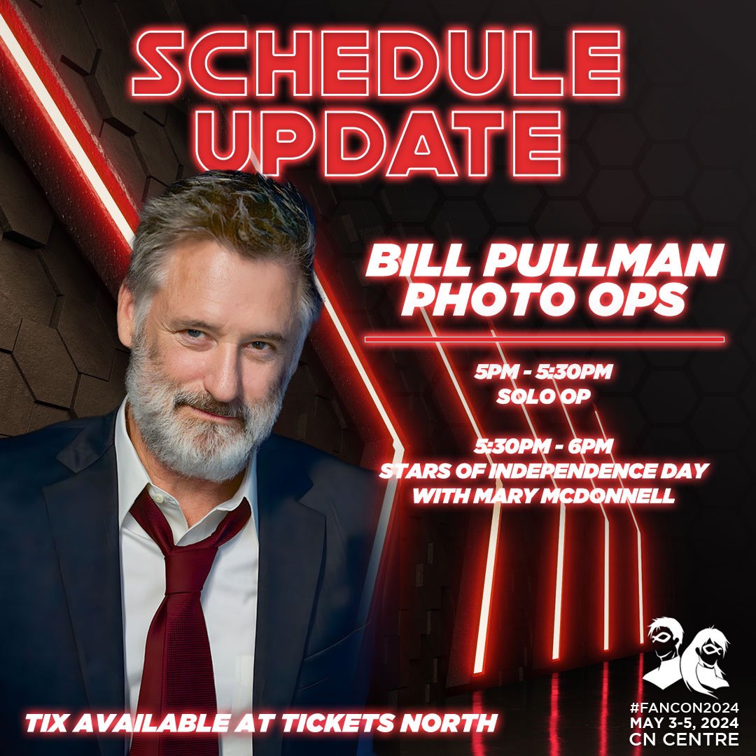 Bill Pullman is in the house! Don't miss your opportunity to snap a pro photo with him! Get a solo shot between 5 PM and 5:30 PM, or get the Independence Day team up with Mary McDonnell from 5:30 PM to 6 PM! #NorthernFanCon #DecadeofFanCon #CityofPG #TakeOnPG