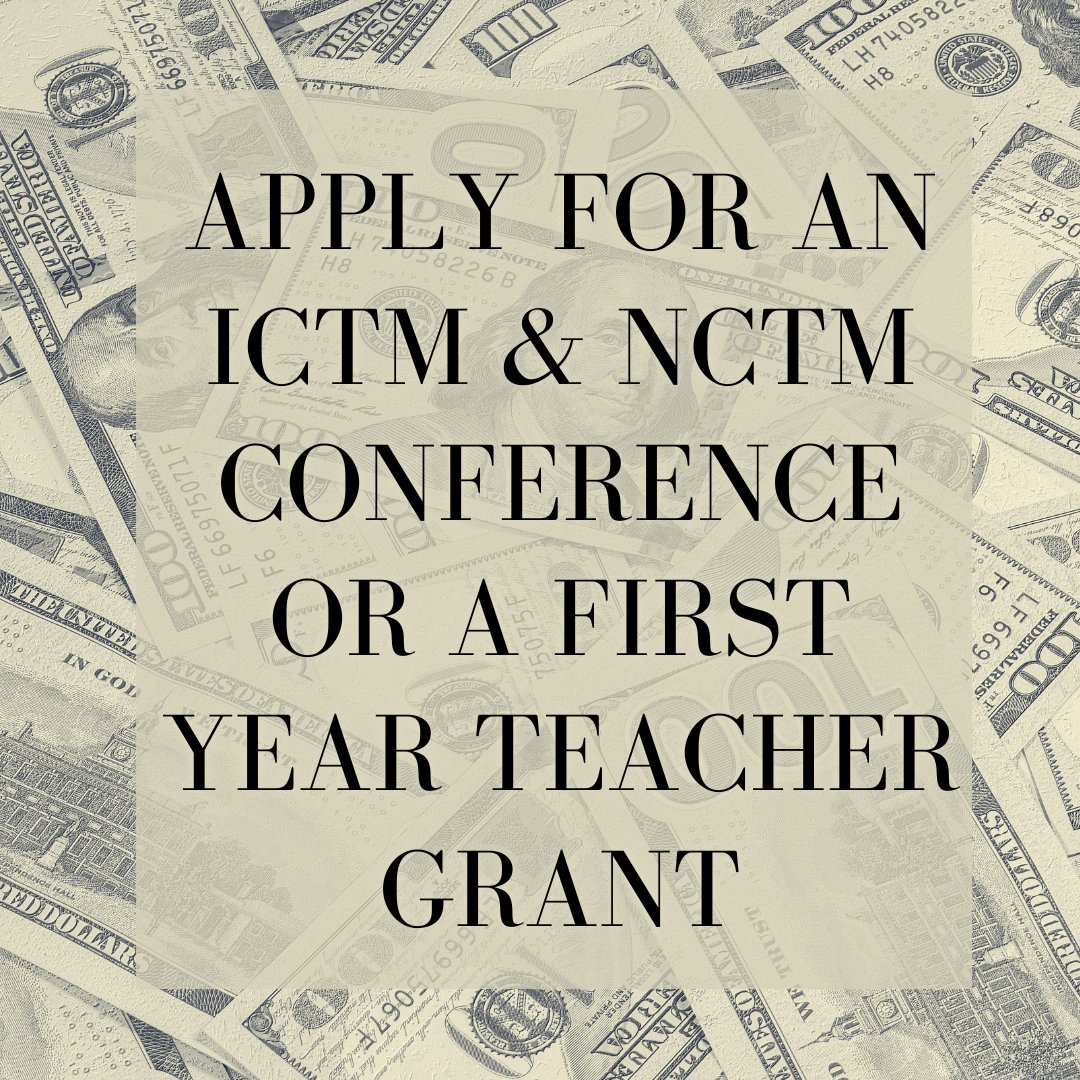 Apply Today! ICTM Conference Grant ($400) due June 30. NCTM Conference Grant ($800) due June 30. The Marilyn Zweng First Year Teacher Grant application due August 21.

 iowamath.org #iowamathteach #mathteach #elemmath #iteachmath #mtbos #mathcoach #iaedchat #iatlc