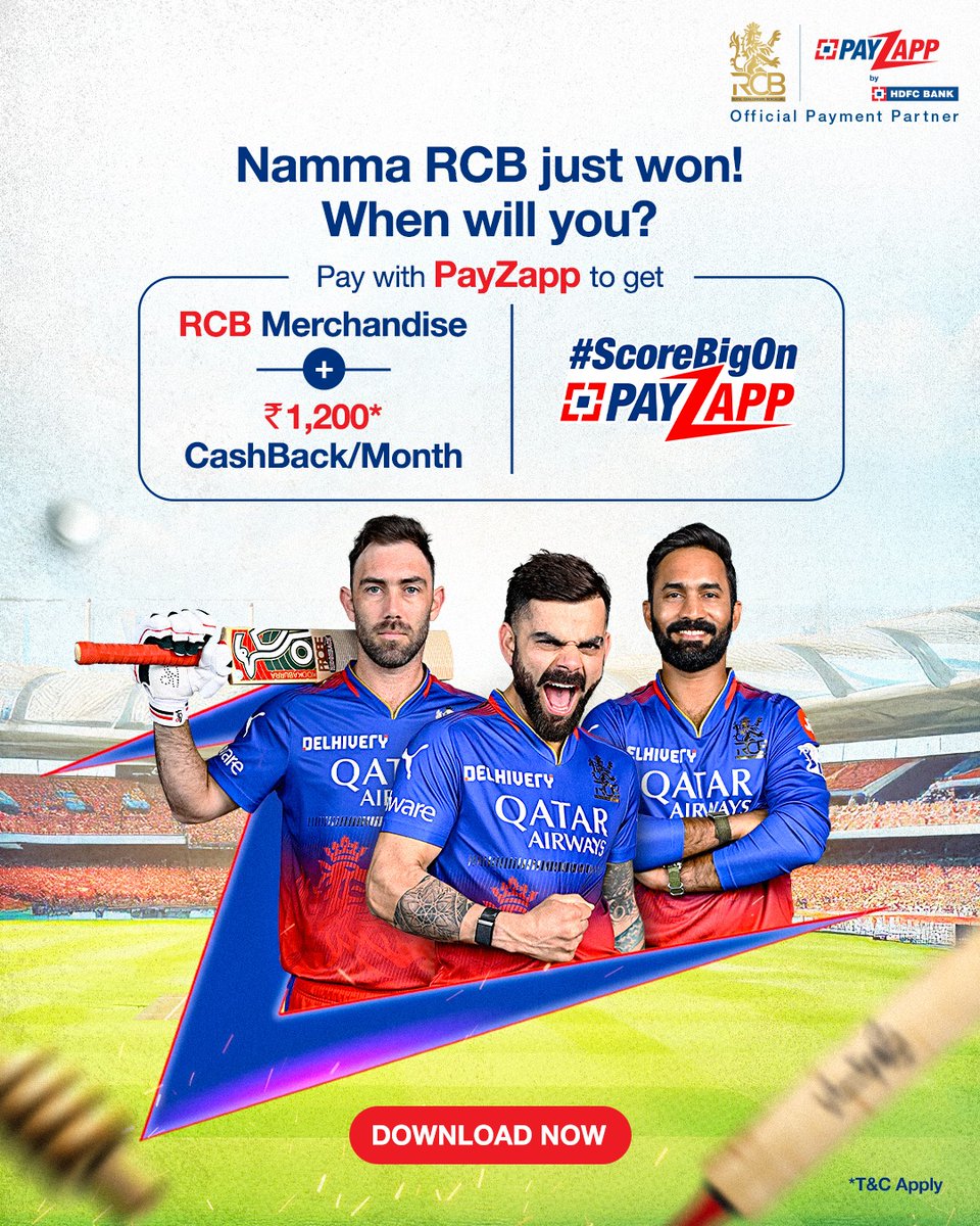 Be a winner just like RCB, #ScoreBigOnPayZapp to grab RCB Merchandise and ₹1,200* CashBack/Month. Download PayZapp by clicking the link below and start scoring now. v.hdfcbank.com/payzapp/index.… #HDFCBank #Payment #RCB #Payment #Cricket #PayZapp #CashBack #Merchandise