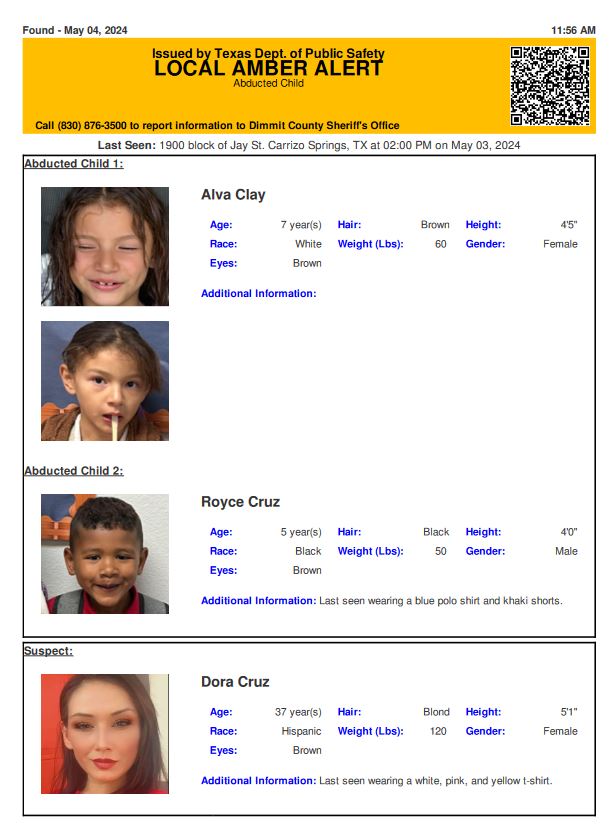 DISCONTINUED (LOCAL or STATEWIDE) AMBER ALERT for Alva Clay and Royce Cruz from Carizzo Springs, TX, on 05/04/2024