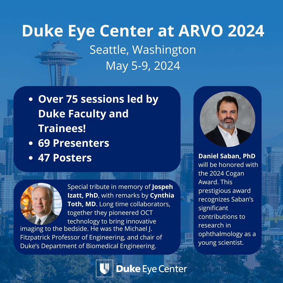 We can’t wait to kick off @arvoinfo 2024 tomorrow with over 75 presentations by Duke faculty and trainees! View a full list of Duke presentations here: dukeeyecenter.duke.edu/news/duke-arvo…