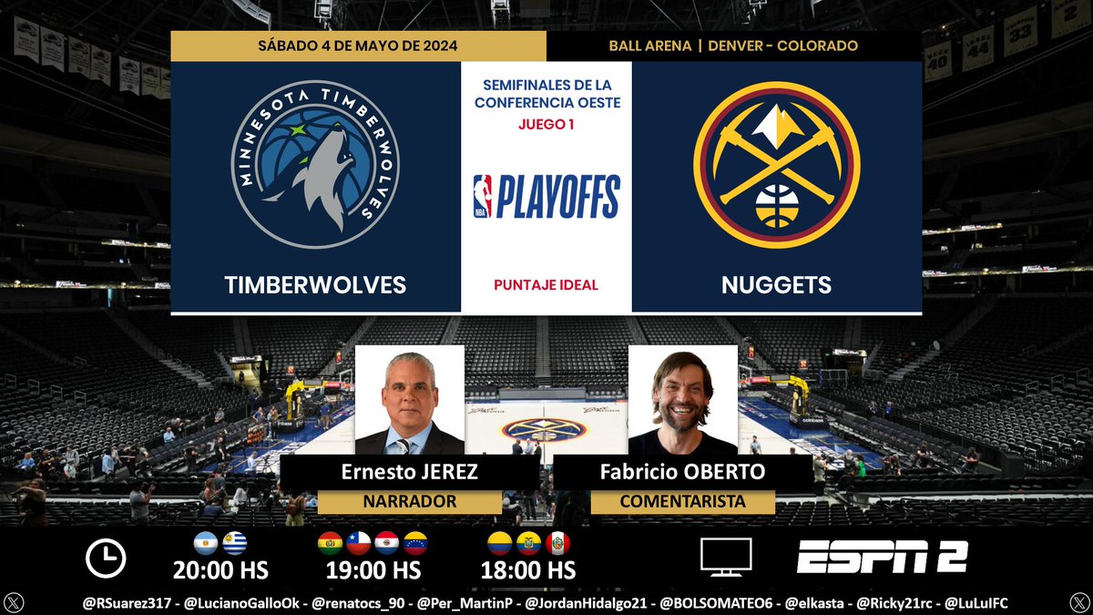 🏀 #NBA | #Timberwolves vs. #Nuggets 🎙 Narrador: @EJerezESPN 🎙 Comentarista: @obricio7 📺 #ESPN2 Sudamérica 💻📱 @StarPlusLA Sudamérica 🤳 #NBAxESPN - #ESPNenStarPlus - #WolvesBack - #Road2Gold Dale RT 🔃