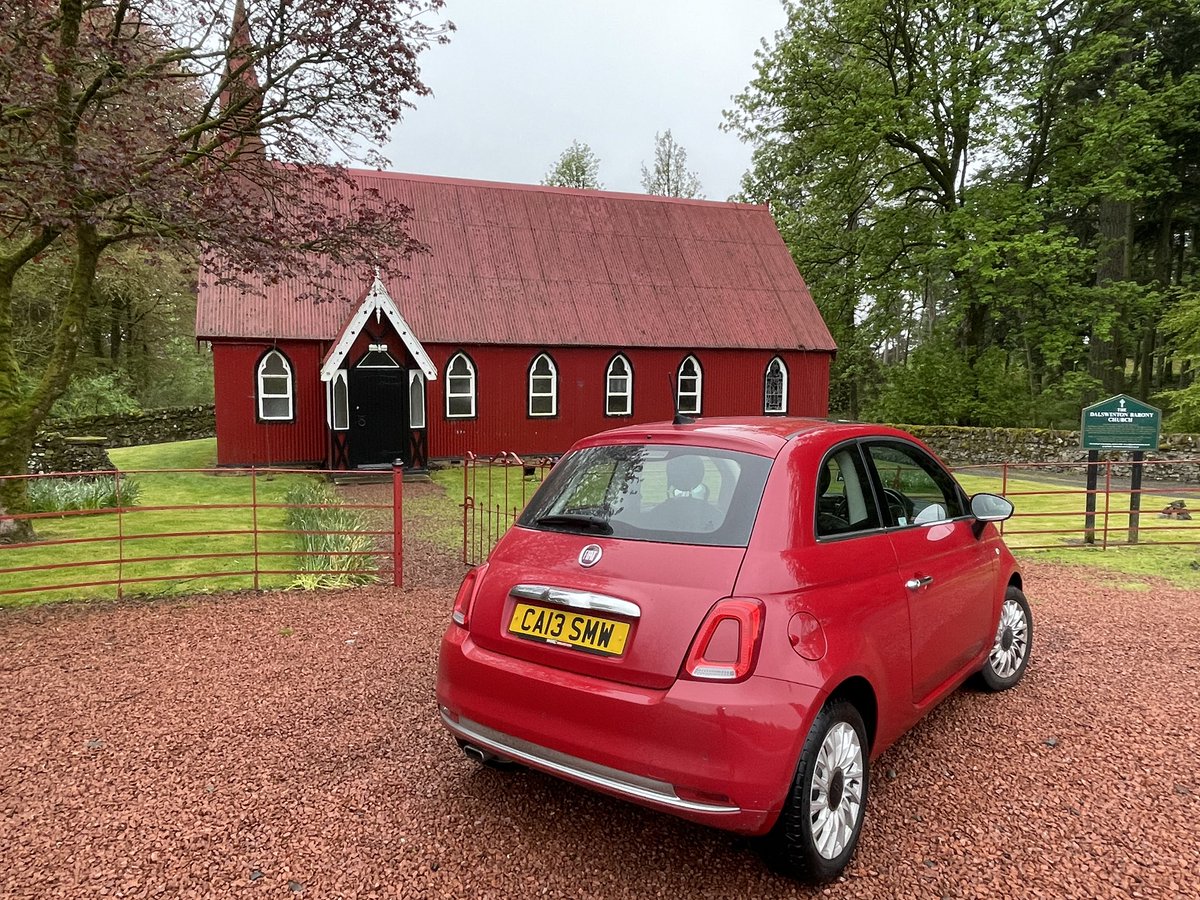 Archie the Fiat (who is Scottish) co-ordinating beautifully with the wonderful corrugated iron church at Dalswinton, Dumfries & Galloway, 1881.