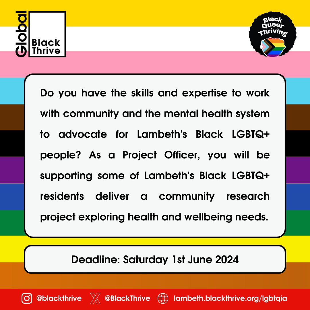 🌟 Could your dream role be here with us at Black Thrive? 🌟 Join our team as the Black Queer & Thriving Project Officer and make a difference in the health and wellbeing of Black LGBTQ+ people in Lambeth and Southwark. ✊🏾 🌈 Deadline: 1/6/24 Apply 👉🏾 bit.ly/4doICid